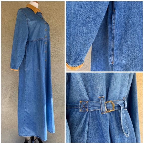 “Studio Ease” Denim Dress Corduroy Collar Modest - Picture 3 of 8